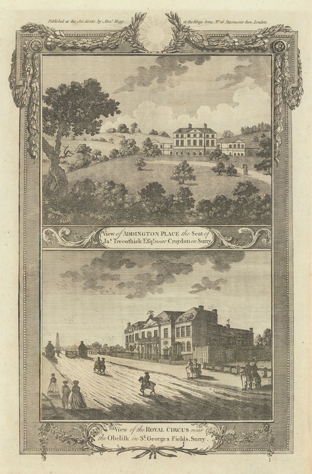 Addington Place/Palace, Croydon. St George's Circus & Obelisk, Southwark 1784